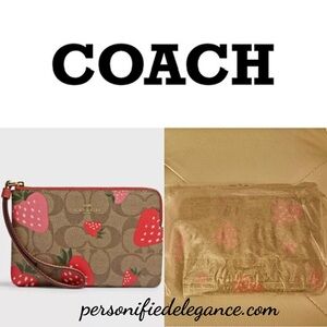 NEW Coach Signature Strawberry Print Khaki Coated Canvas Corner Zip Wristlet